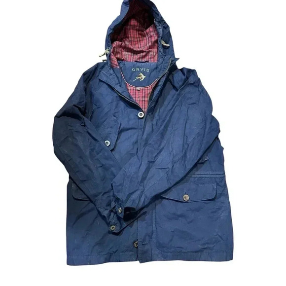 Orvis Men’s Large Navy Hooded Coat Plaid Lined - Picture 1 of 9